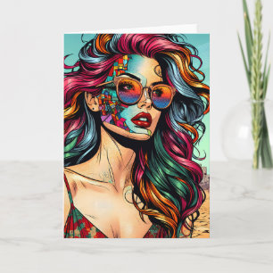 Cartão Arte Fracturada   Mulher Abstrata na Praia