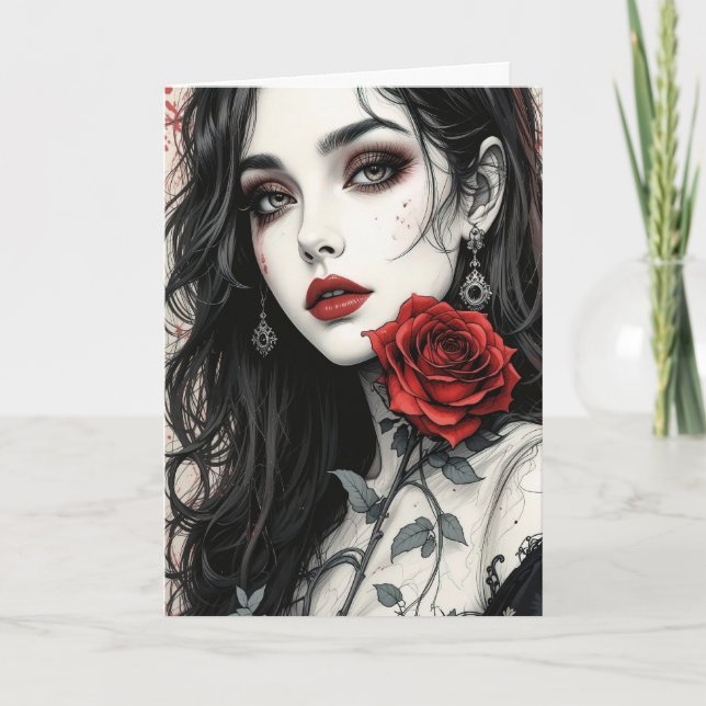 Cartão Arte Gótica Rosa Halloween Elegante Vampira Elegan (Frente)