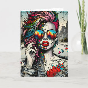 Cartão Arte Grunge   Mulher Abstrata Fragmentada em Branc