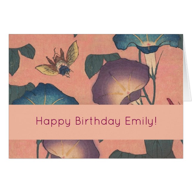 Cartão Arte Hokusai Clássica de Flor Rosa (Frente Horizontal)