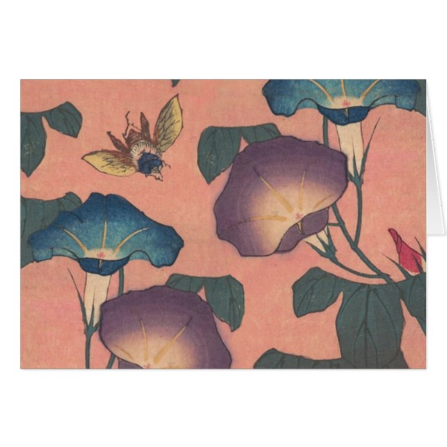 Cartão Arte Hokusai Clássica de Flor Rosa (Frente Horizontal)