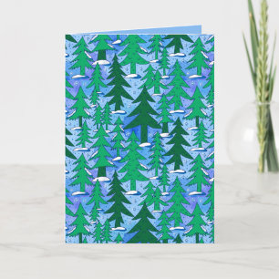 Cartão Arte Ingênuo Floresta de Abetos Inverno Verde Azul