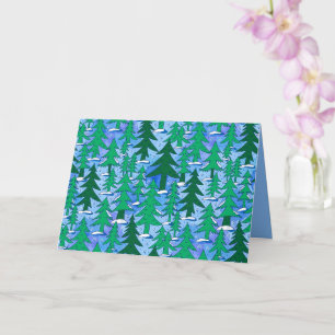 Cartão Arte Ingênuo Floresta de Abetos Inverno Verde Azul
