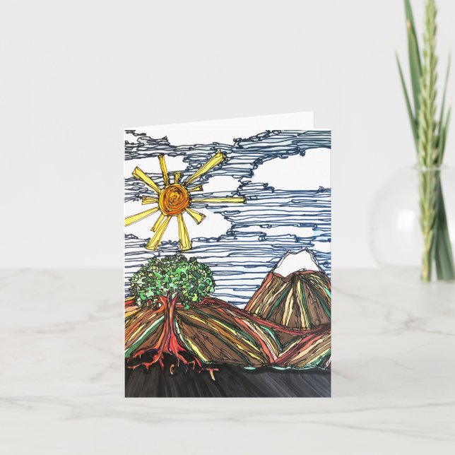 Cartão Arte linear com Montanhas, Árvore, Sol, Mão Desenh (Frente)