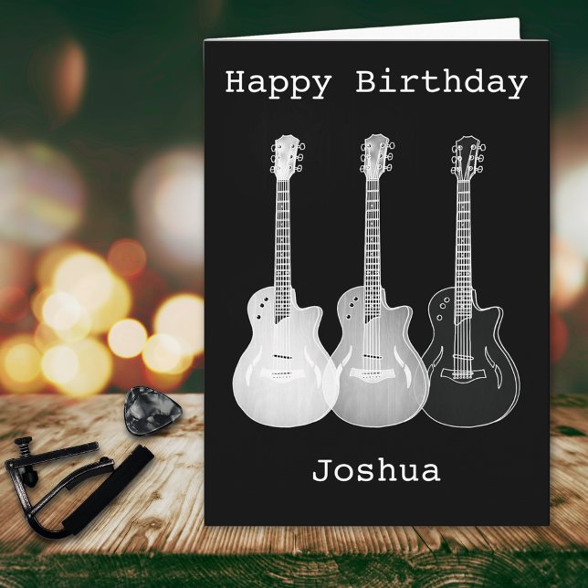 Cartão Arte Monocromática Música Elétrica Guitarra Nome J (Cool electric guitar Happy birthday black and white personalized music themed greetings card )
