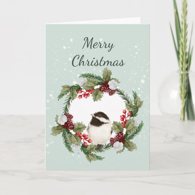 Cartão Arte Natural de Pássaro Chickadee de Natal (Frente)