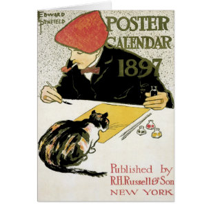 Cartão Arte Nova Antiga, Artista Pintando com Gato de Est