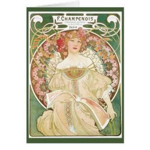 Cartão Arte Nova Antiga, Champenois por Alphonse Mucha