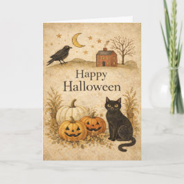 Cartão Arte Popular de Halloween Gato Preto Primitivo