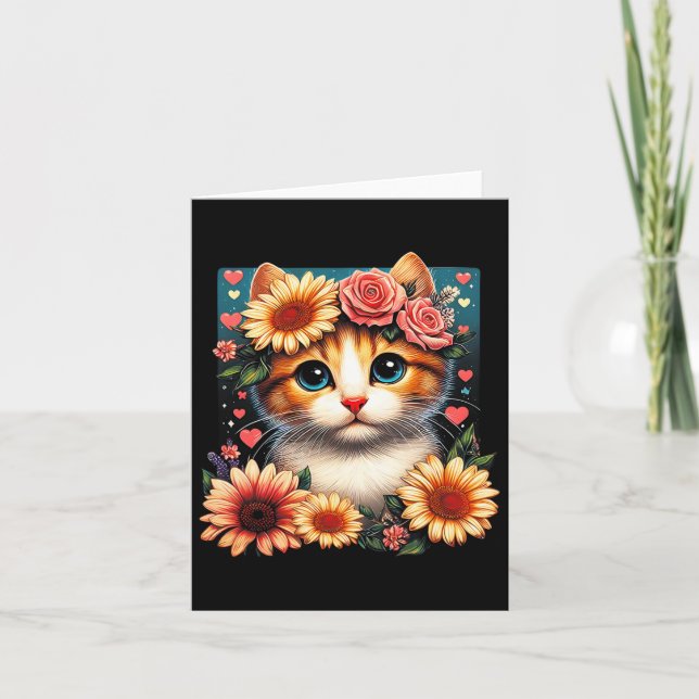 Cartão Arte Retro de Gato com Flores Amor Gatinho com Flo (Frente)