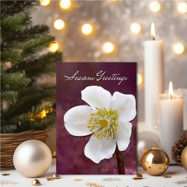 Cartão Arte Sofisticada de Rosa de Inverno de Alta Resolu (High-Poly Winter Rose Art Card - Elegant Burgundy Christmas Greeting.)