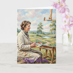 Cartão Artista Feminina Pintando Flores no Campo de Anive
