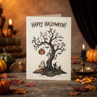 Cartão Árvore Assustadora de Halloween com Fantasmas e Mo