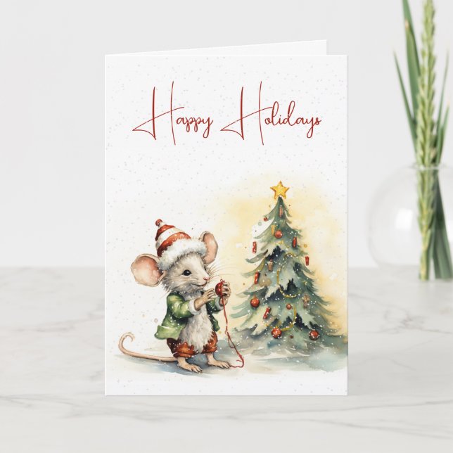 Cartão Árvore Bastante De Mouse De Natal Em Flocos De Nev (Frente)