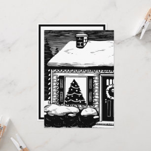 Cartão Árvore da véspera de Natal em preto-e-branco