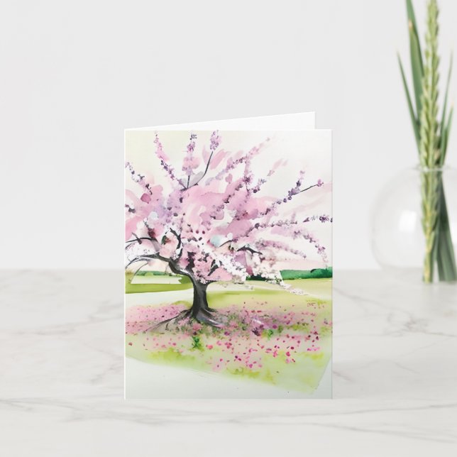 Cartão Árvore de flor rosa de aquarela personalizável (Frente)