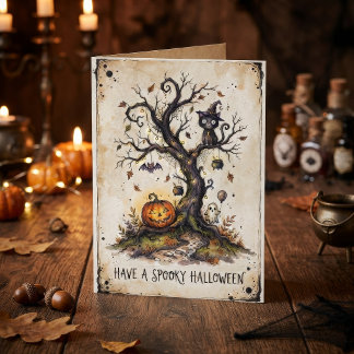 Cartão Árvore de Halloween Assustadora Vintage