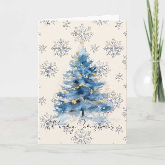 Cartão Árvore de Natal Azul Dourada Prata (Frente)