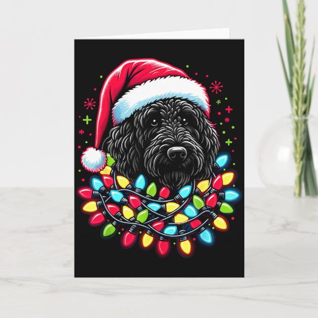 Cartão Árvore de Natal Black Labradoodle Luzes de Natal D (Frente)