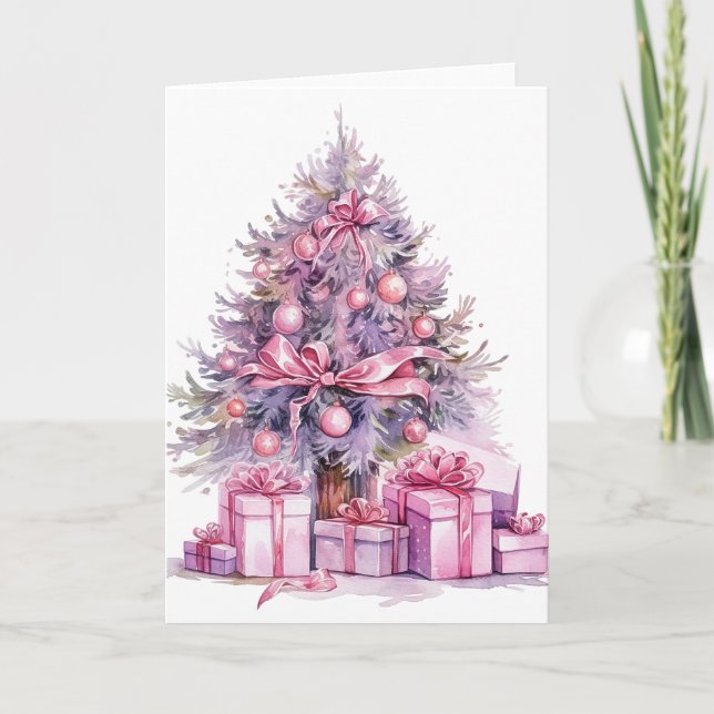 Cartão Árvore de Natal bonito Pink Watercolor (Frente)