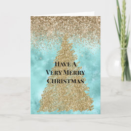 Cartão Árvore de Natal Brilho Glam Aqua Dourado