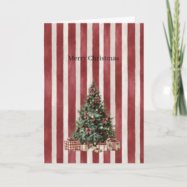 Cartão Árvore de Natal com Listras Vermelhas e Creme (Frente)