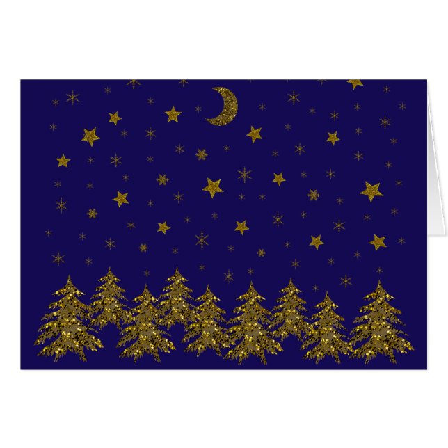 Cartão Árvore de Natal de ouro cinza em azul (Frente Horizontal)