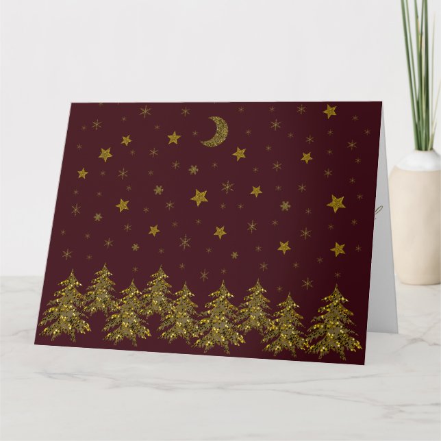 Cartão Árvore de Natal de ouro faísca, lua, estrelas em v (Frente)