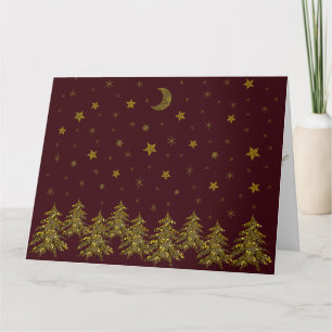 Cartão Árvore de Natal de ouro faísca, lua, estrelas em v