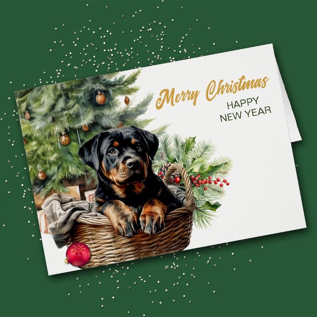 Cartão Árvore de Natal do Rottweiler Puppy Wicker Basket (Criador carregado)