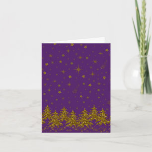 Cartão Árvore de Natal dourada brilhante, estrelas, neve