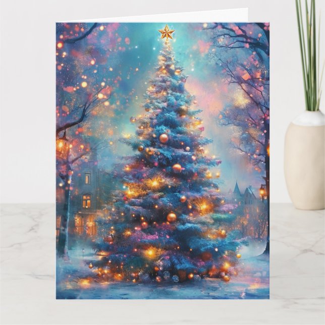 Cartão Árvore de Natal Dreamy na cidade (Frente)