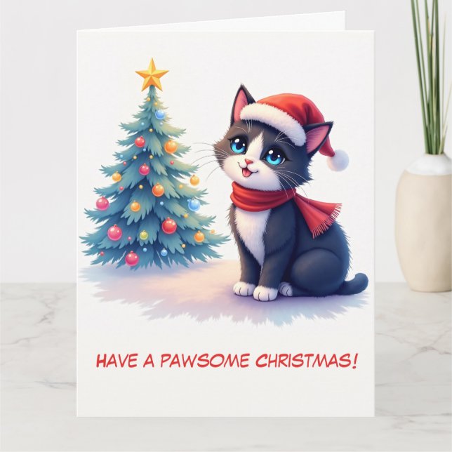 Cartão Árvore de Natal e Gato Preto e Branco Ilustrados (Frente)