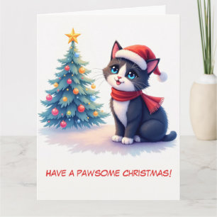 Cartão Árvore de Natal e Gato Preto e Branco Ilustrados