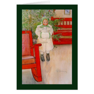 Cartão Árvore de Natal e Menina de Fato de Neve