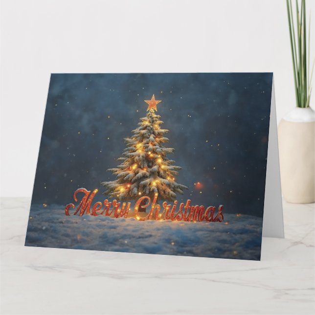 Cartão Árvore de Natal Nevada com Luzes Quentes (Frente)