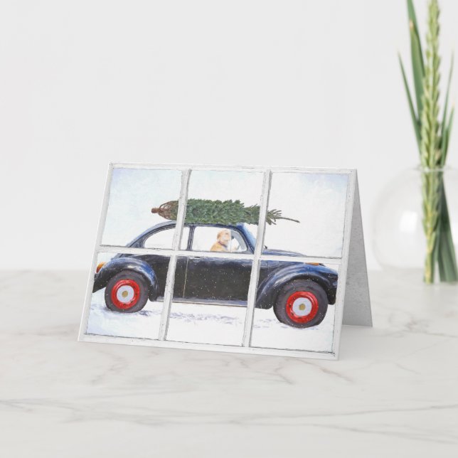 Cartão Árvore de Natal no carro com cachorro na janela de (Frente)