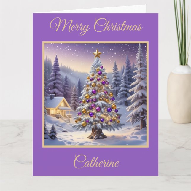 Cartão Árvore de Natal roxa e Dourada numa Floresta de in (Frente)