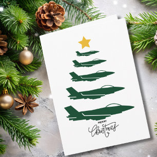 Cartão Árvore de Natal Verde Avião Militar Minimalista