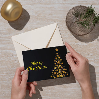 Cartão Árvore Dourada Elegante Feliz Natal em Preto