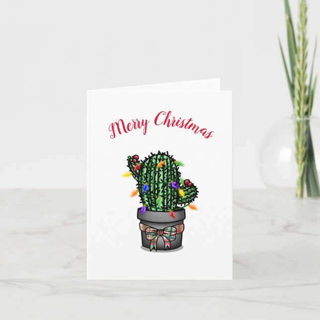 Cartão Árvore Feliz de Natal de Cactus com luzes (Frente)