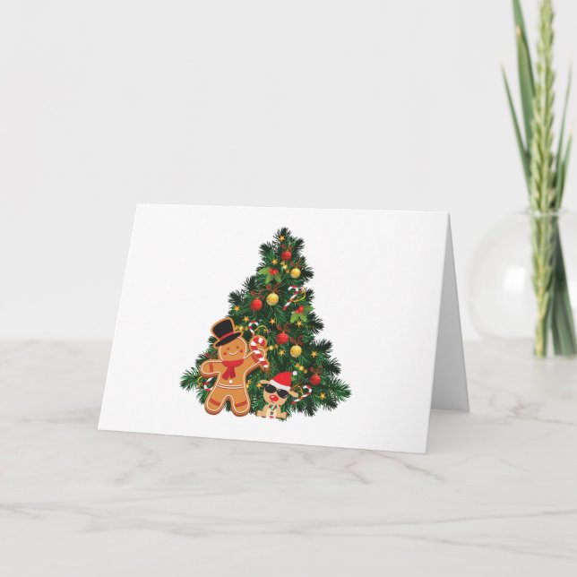 Cartão Árvore Feliz de Natal, Gingerpão e ornamentos (Frente)