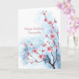 Cartão Árvore Floral Azul Rosa Personalizada Aquarela