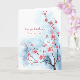 Cartão Árvore Floral Azul Rosa Personalizada Aquarela