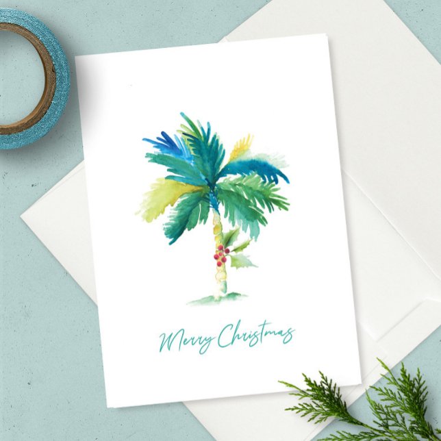 Cartão Árvore Tropical de Palma Cria Aquarela Praia Natal (This Florida beach Christmas card features unique watercolor art by Victoria Grigaliunas)