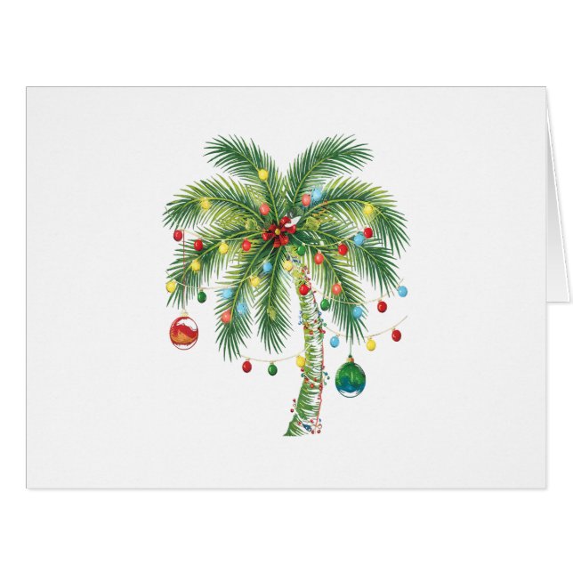Cartão Árvore tropical de palma de Natal com luzes e orna (Frente horizontal)