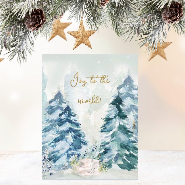 Cartão Árvores de Natal da Neve Florestal ("Joy to the World" winter wonderland Christmas greeting card. Watercolor in beautiful white wolf.)