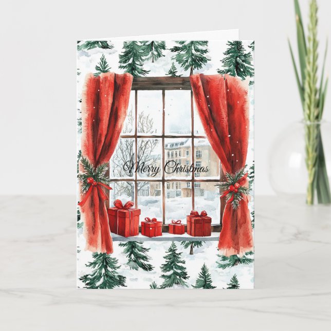 Cartão Árvores de Natal de Inverno Janela da Cidade (Frente)
