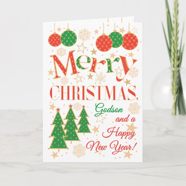 Cartão Árvores de Natal e Ornamentos para Godson (Frente)