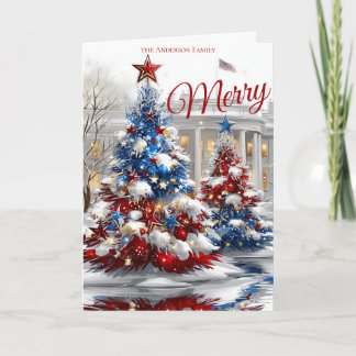 Cartão Árvores de Natal Festivas Vermelho Branco Azul